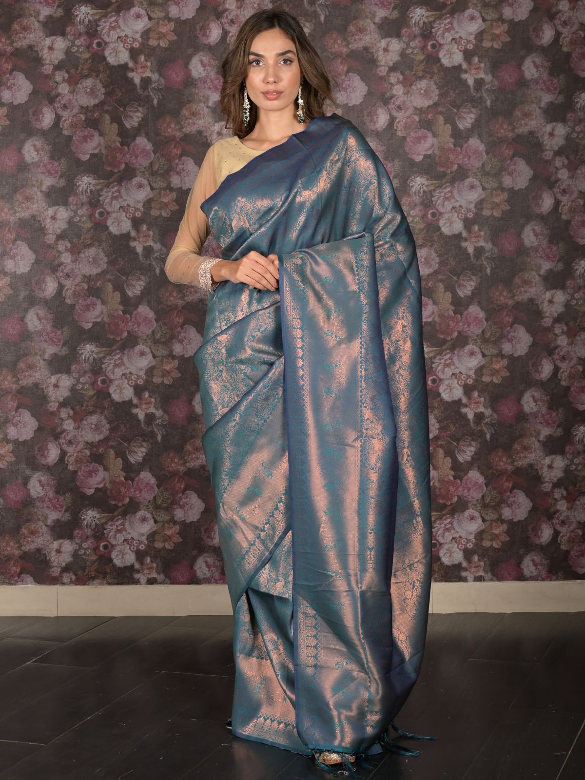 Odette Teal Silk Blend Woven Saree with Unstitched Blouse for Women