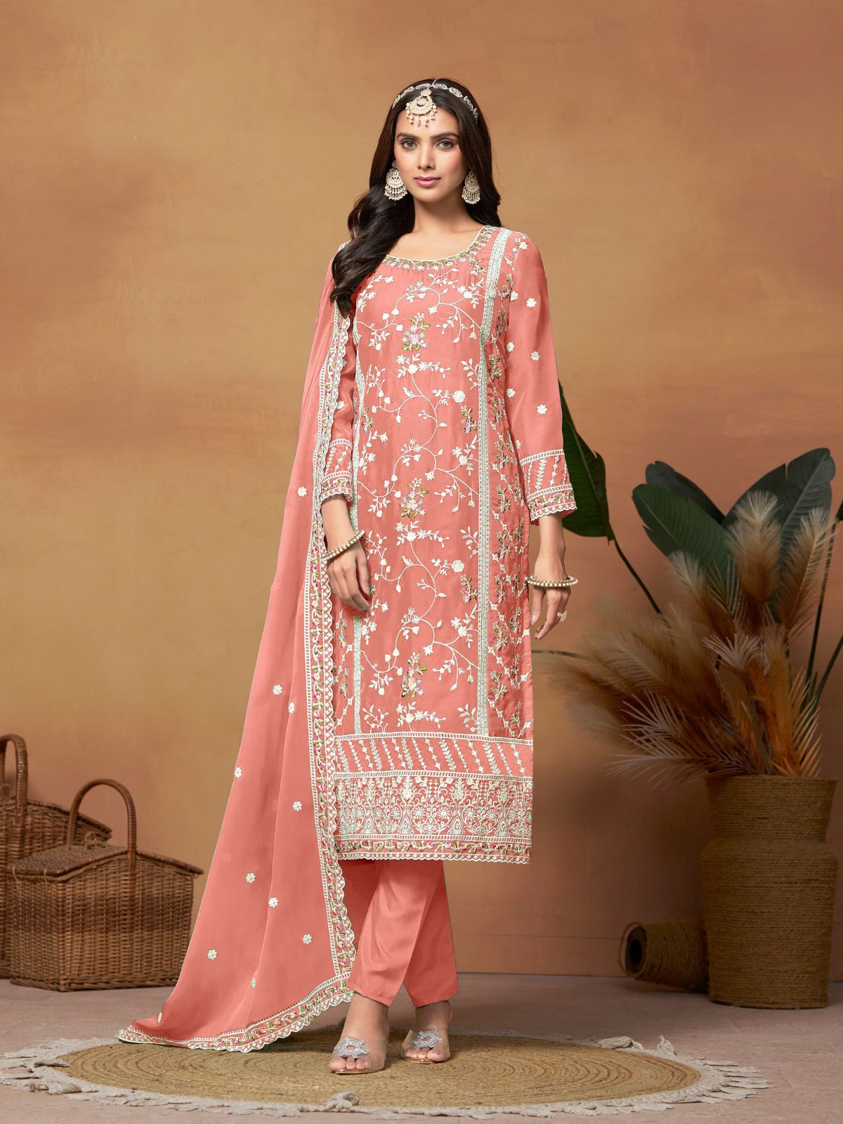 Odette Peach Embroidered Semi Stitched Kurta Set  For Women