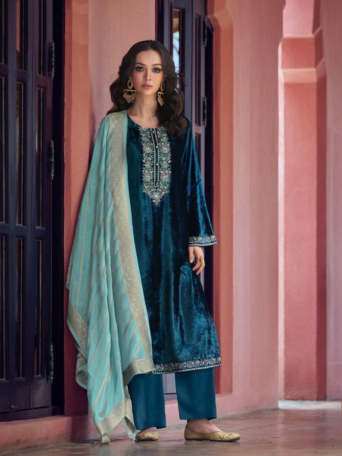 Odette Teal Velvet Embroidery Semi-Stitched Kurta Set For Women