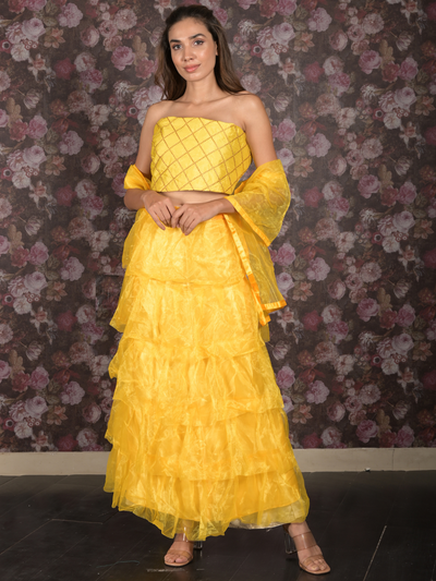 Odette Bright Yellow Net Semi-Stitched Lehenga with Embroidered Unstitched Blouse for Women