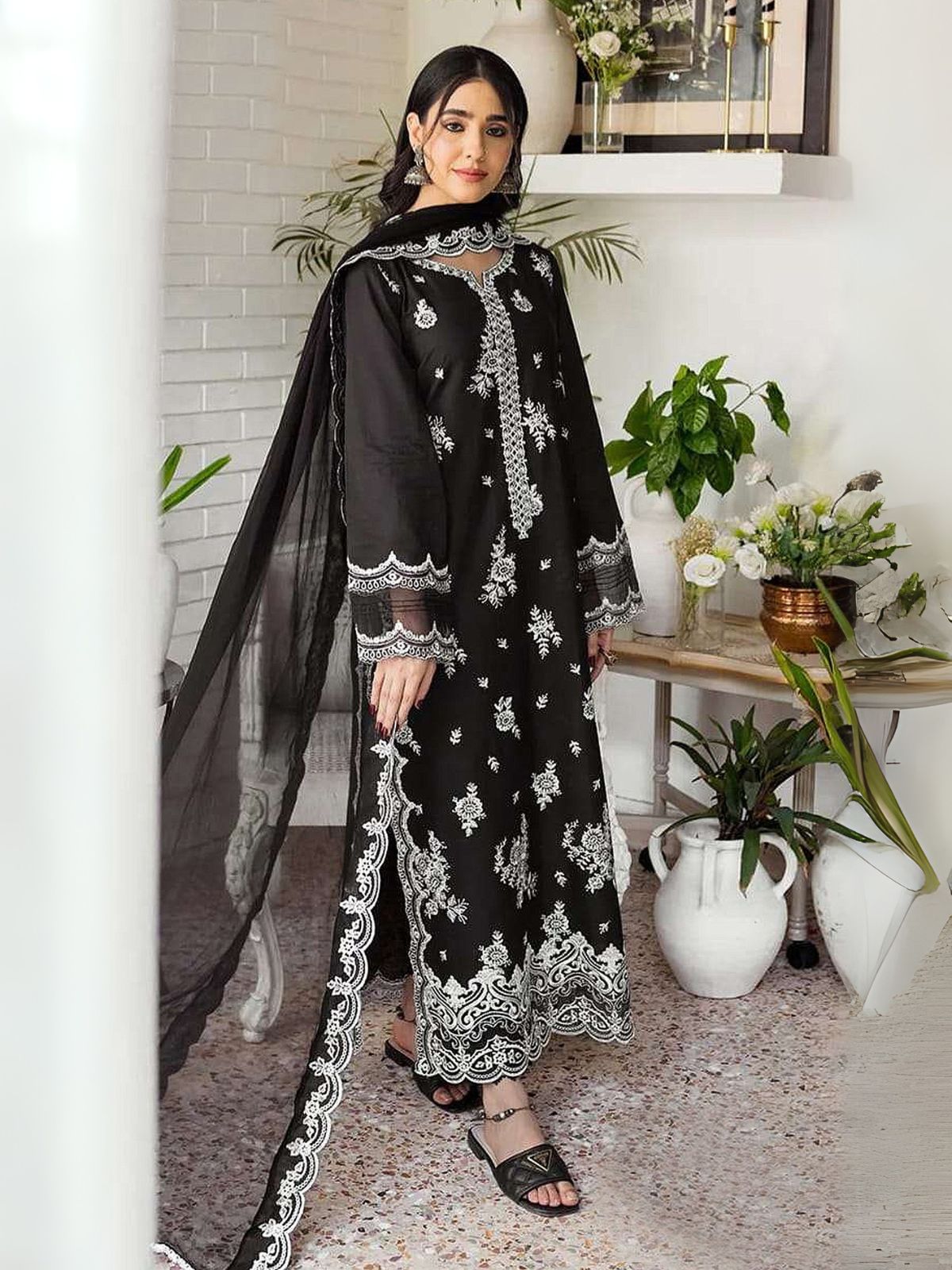 Odette Black Georgette Embroidered Semi-Stitched Kurta Set For Women