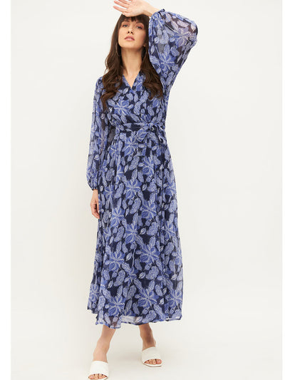 Odette Blue Rayon Stitched Printed Indo Western Dress For Women
