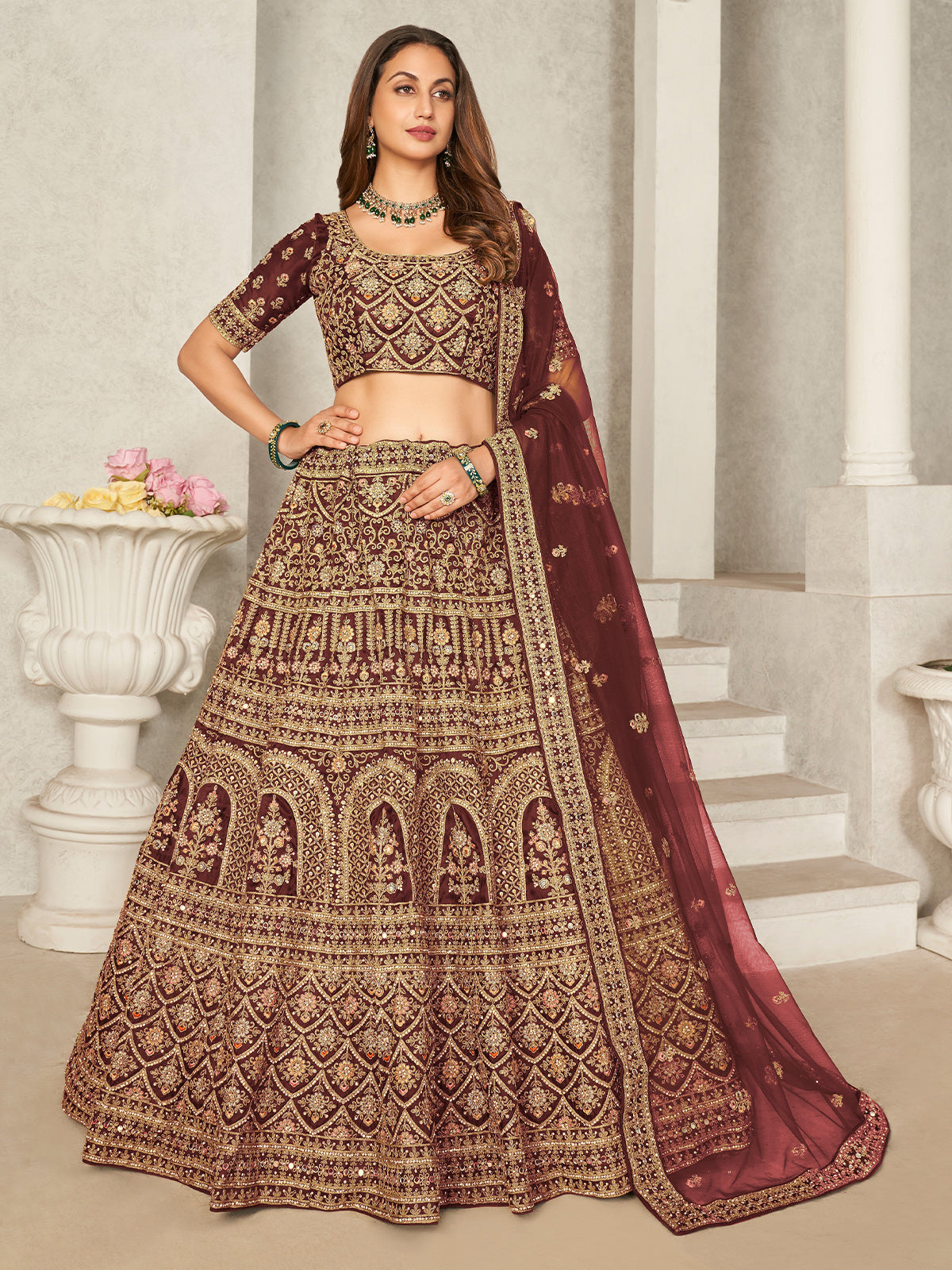 Odette Maroon Organza Blend Embroidered Semi Stitched Lehenga With Unstitched Blouse for Women