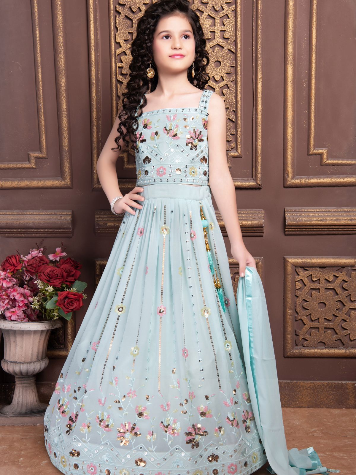 Buy SOFT PINK MULTI COLOR EMBROIDERED RUFFLE BLOUSE AND LEHENGA SET By  Designer Sanya Gulati wedding collection Noor