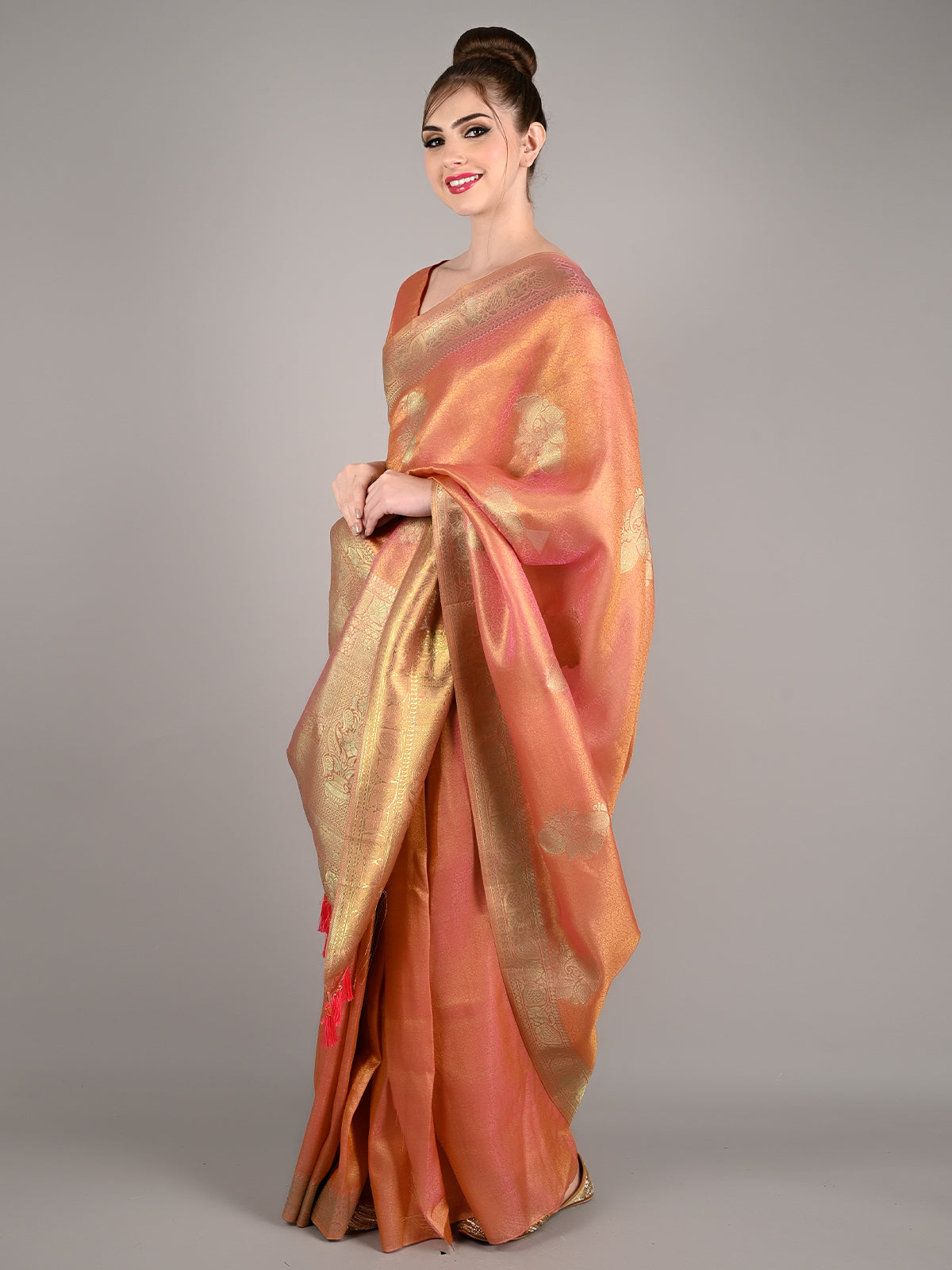 Orange Satin Nylon Woven Saree With Unstitched Blouse