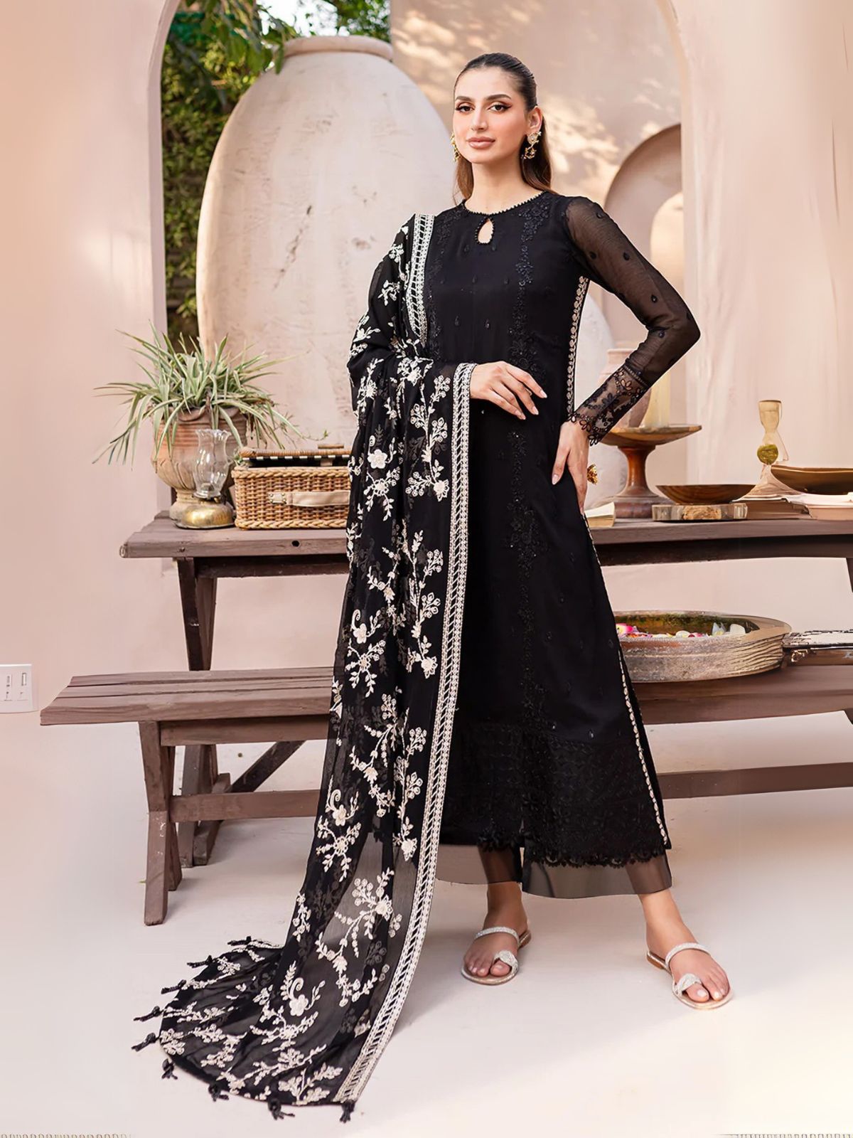 Odette Black Georgette Embroidered Semi-Stitched Kurta Set For Women