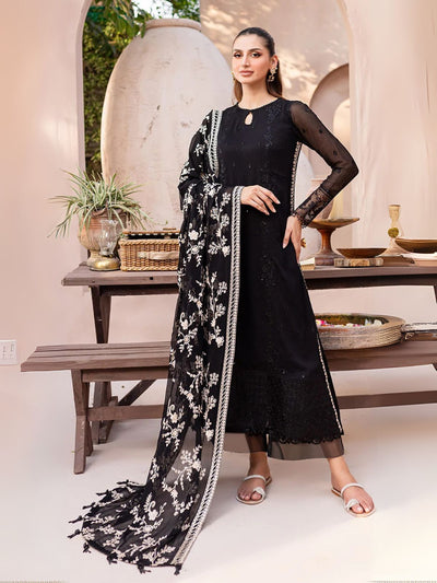 Odette Black Georgette Embroidered Semi-Stitched Kurta Set For Women