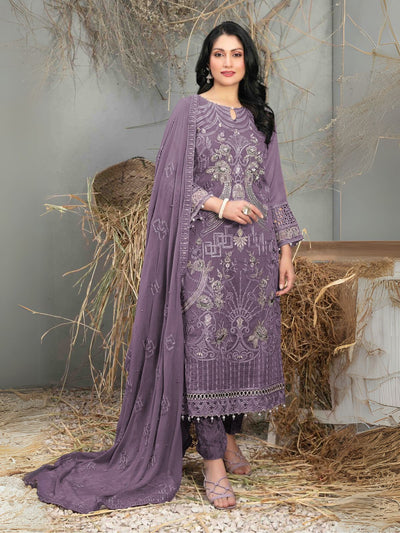 Odette Purple Georgette  Embroidered Semi-Stitched Kurta Set For Women