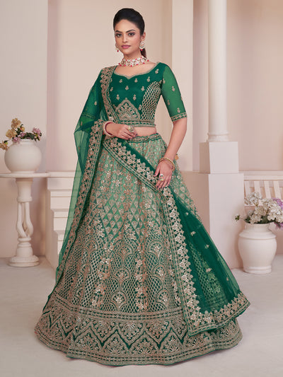 Odette Green Net Embellished Semi Stitched Lehenga With Unstitched Blouse for Women