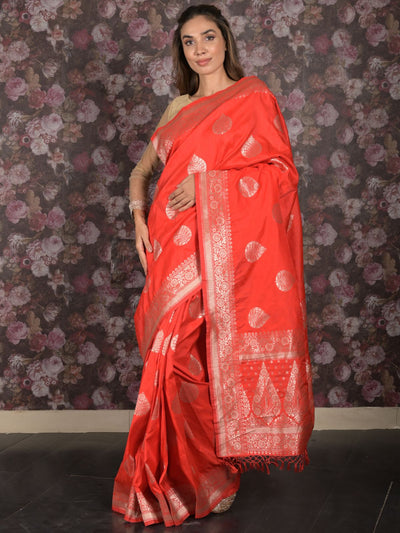 Odette Red Silk Blend Brocade Saree with Unstitched Blouse for Women