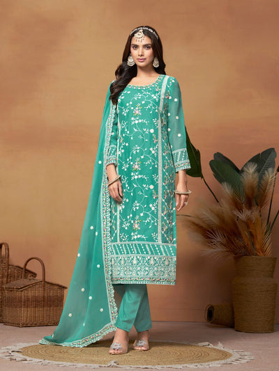 Odette Sea green Embroidered Semi Stitched Kurta Set  For Women