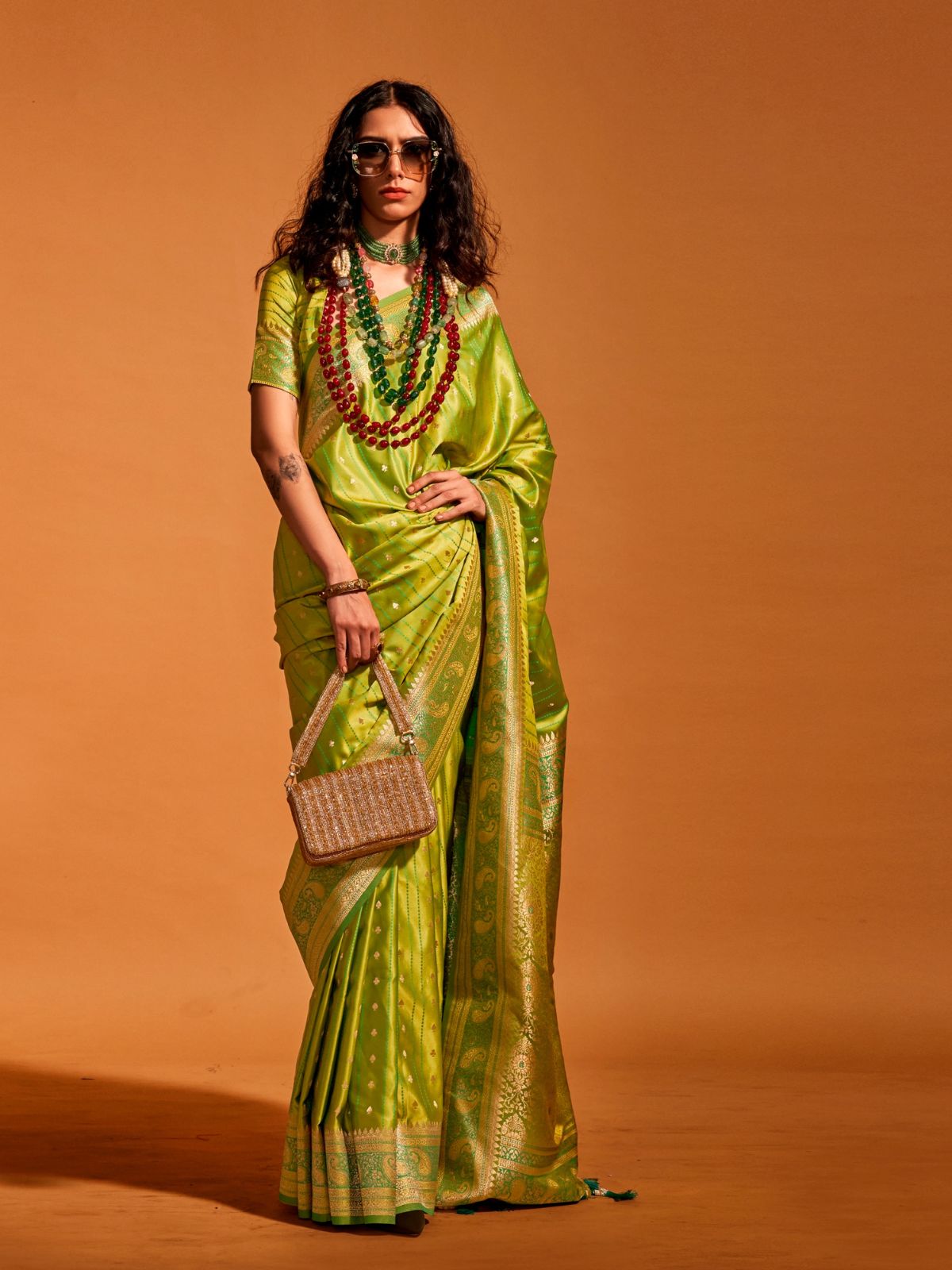 Odette Green Satin Woven Saree With Unstitched Blouse For Women