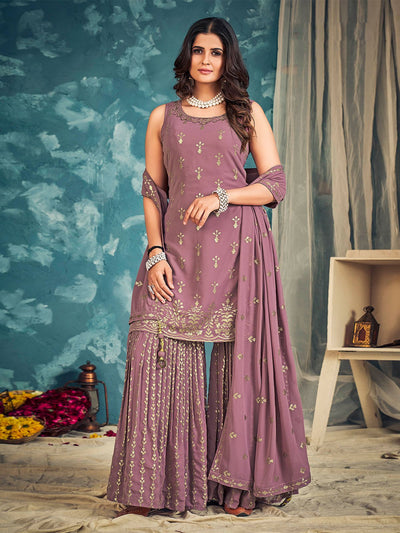 Odette Lilac Georgette Embellished Stitched Salwar Suit Set For Women