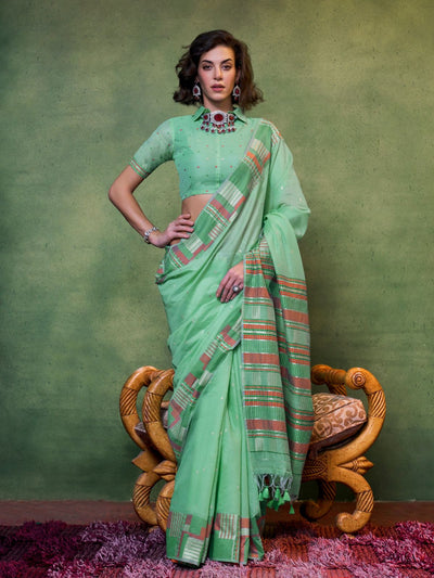 Odette Light Green Silk Blend Woven Saree With Unstitched Blouse For Women