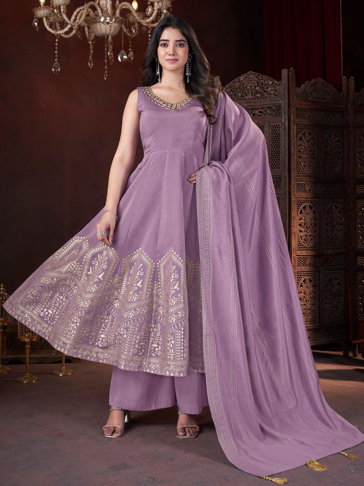 Odette Lavender Silk Blend Woven Stitched Kurta Set For Women