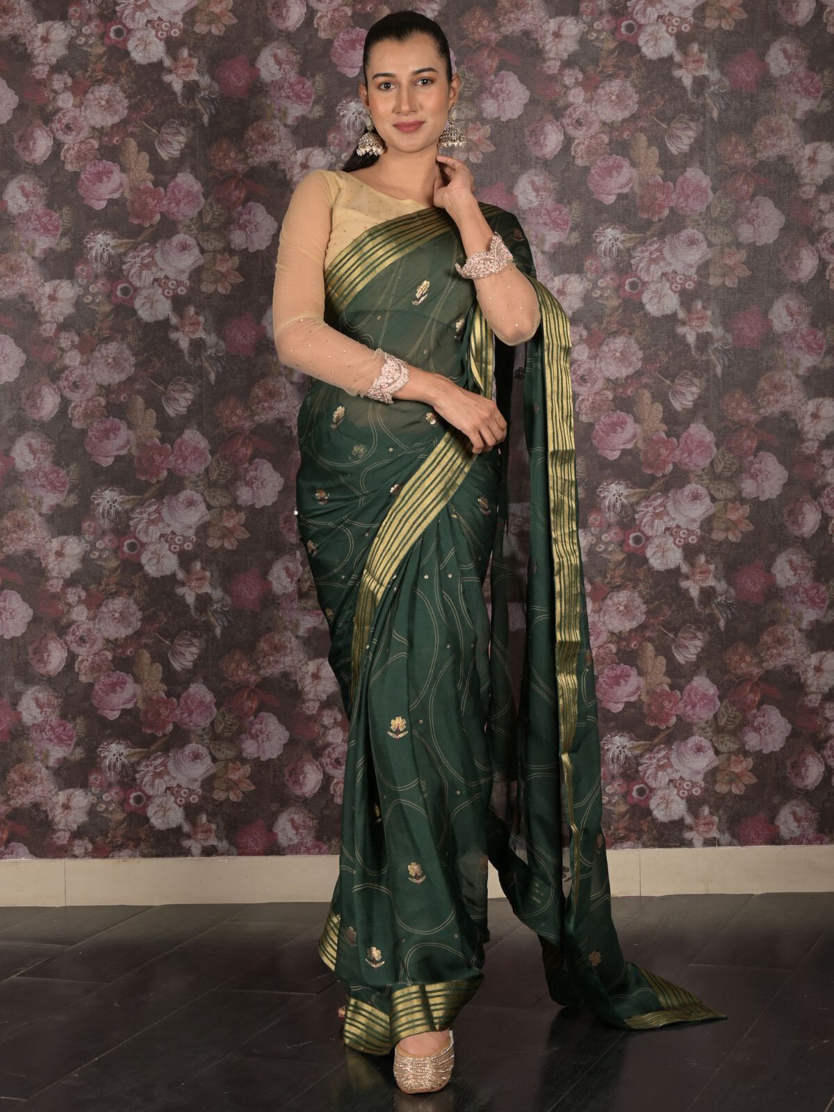 Odette Green Chiffon Printed Saree With Unsitched Blouse For Women