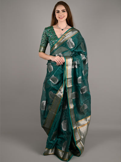 Odette Women Green Organza Woven Saree With Unstitched Blouse
