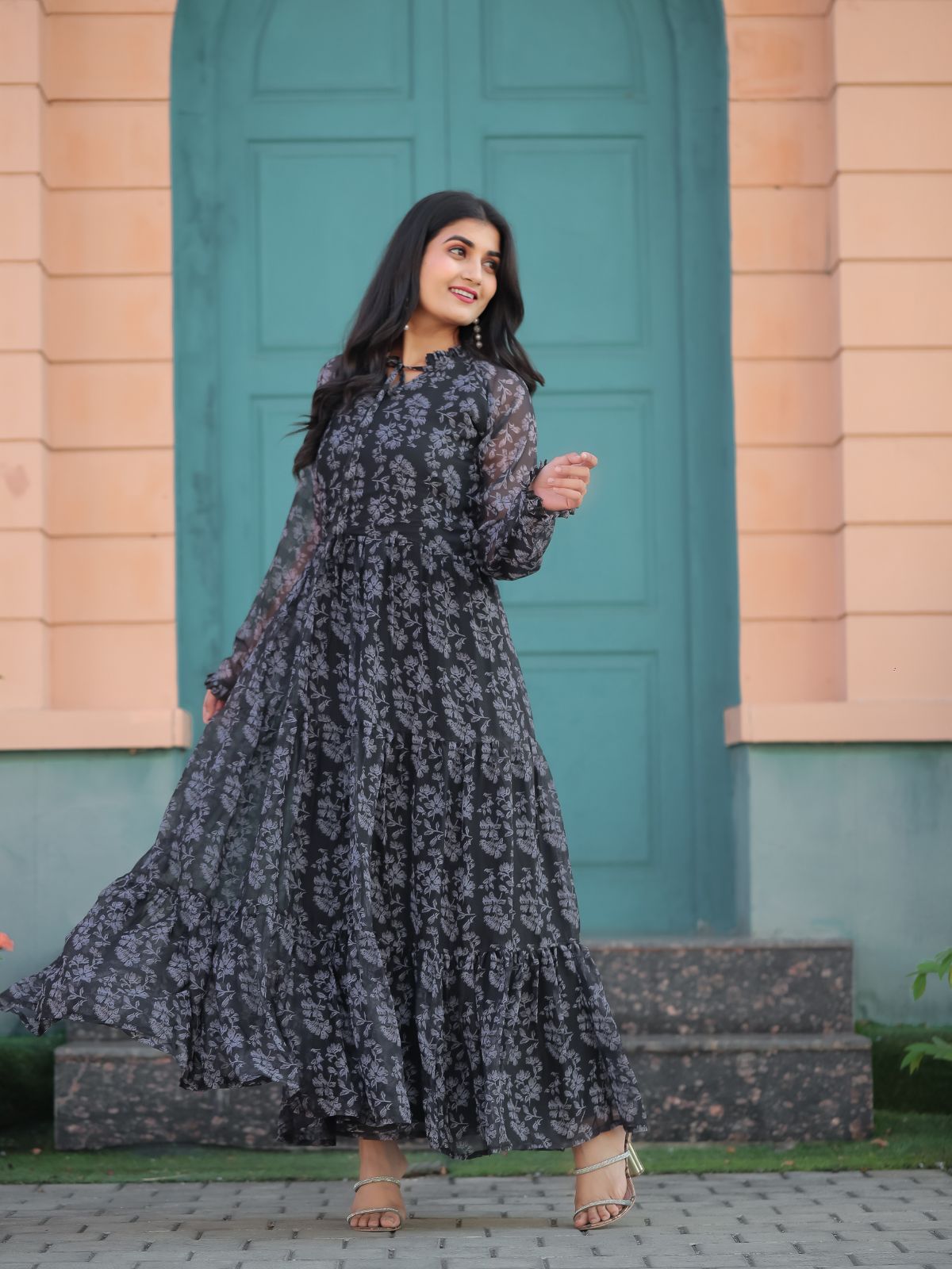Odette Black Chiffon Stitched Printed Indo Western Dress For Women Odette Black Chiffon Stitched Printed Indo Western Dress For Women
