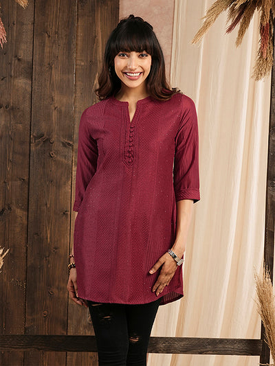 Odette Maroon Embroidered Chanderi Silk Stitched Short Kurta For Women