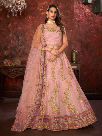 Odette Pink Net Embroidered Semi Stitched Lehenga With Unstitched Blouse for Women