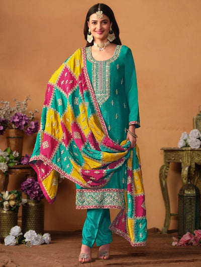 Odette Teal Embroidered Chinon Silk Unstitched Kurta Set For Women