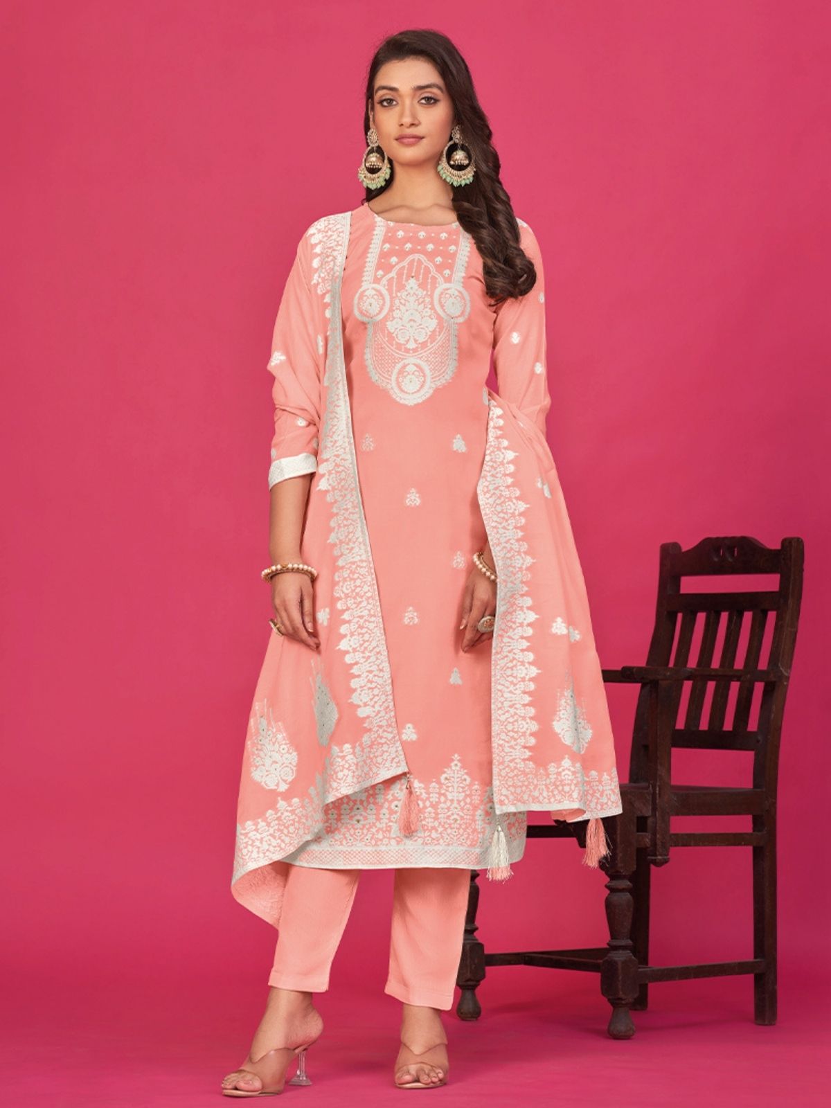 Odette Peach Organza Embroidered Semi-Stitched Kurta Set For Women