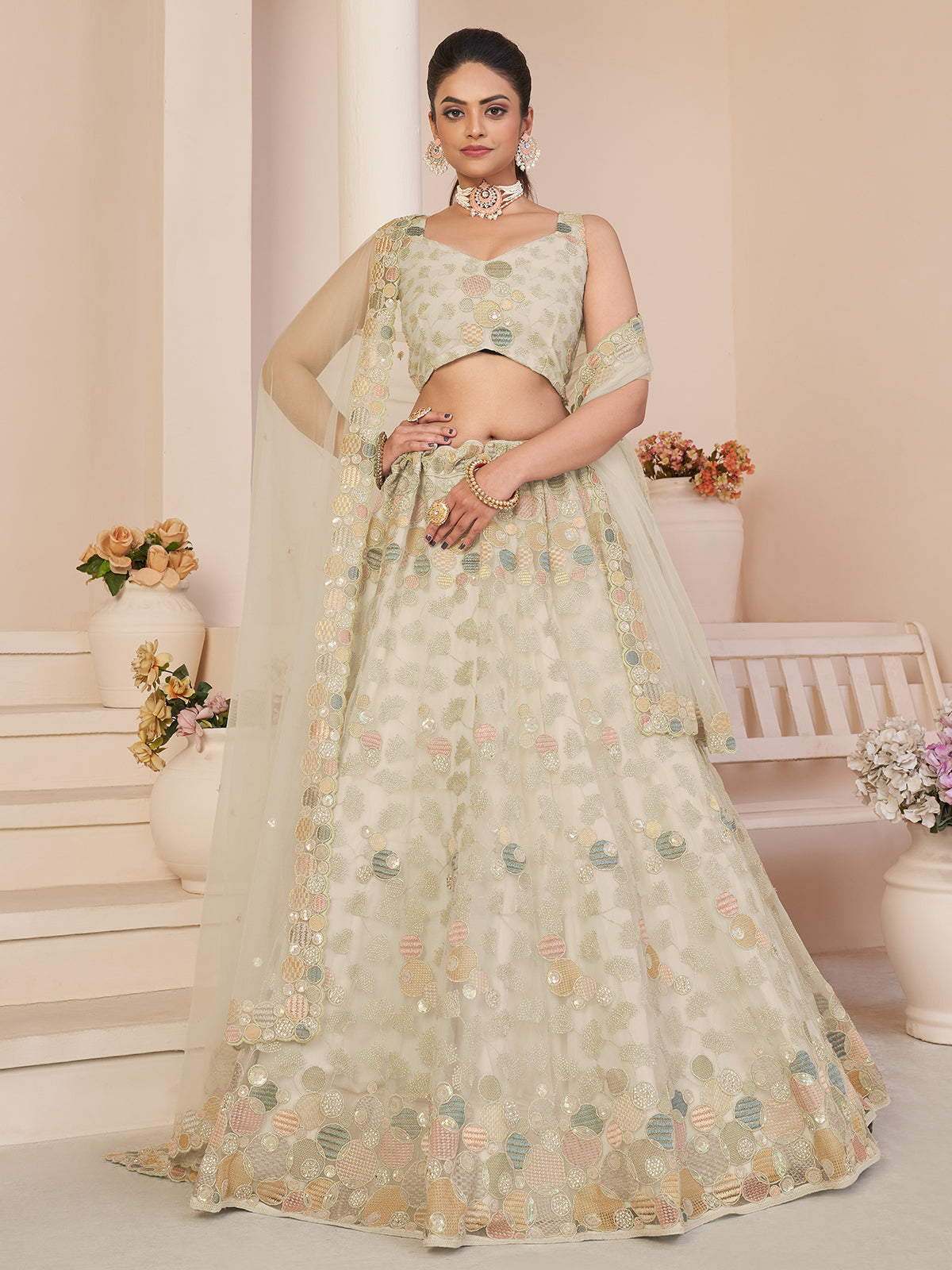 Odette White Net Embellished Semi Stitched Lehenga With Unstitched Blouse for Women
