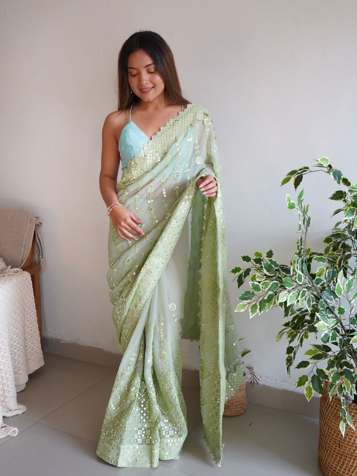 Odette Green Georgette Embroidered Saree With Unstitched Blouse For Women