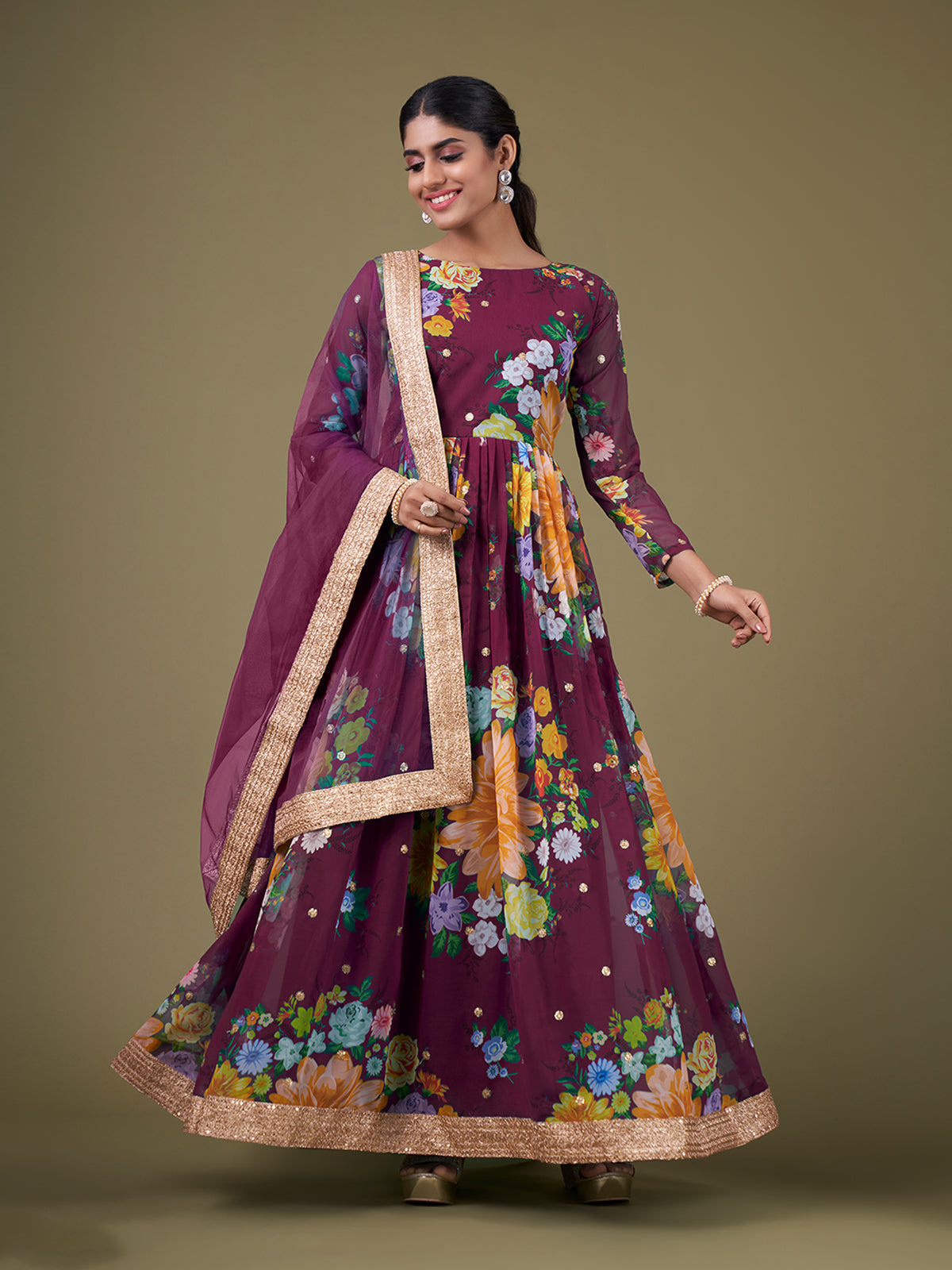 Odette Purple Faux Georgette Printed Semi Stitched Anarkali Kurta Set For Women