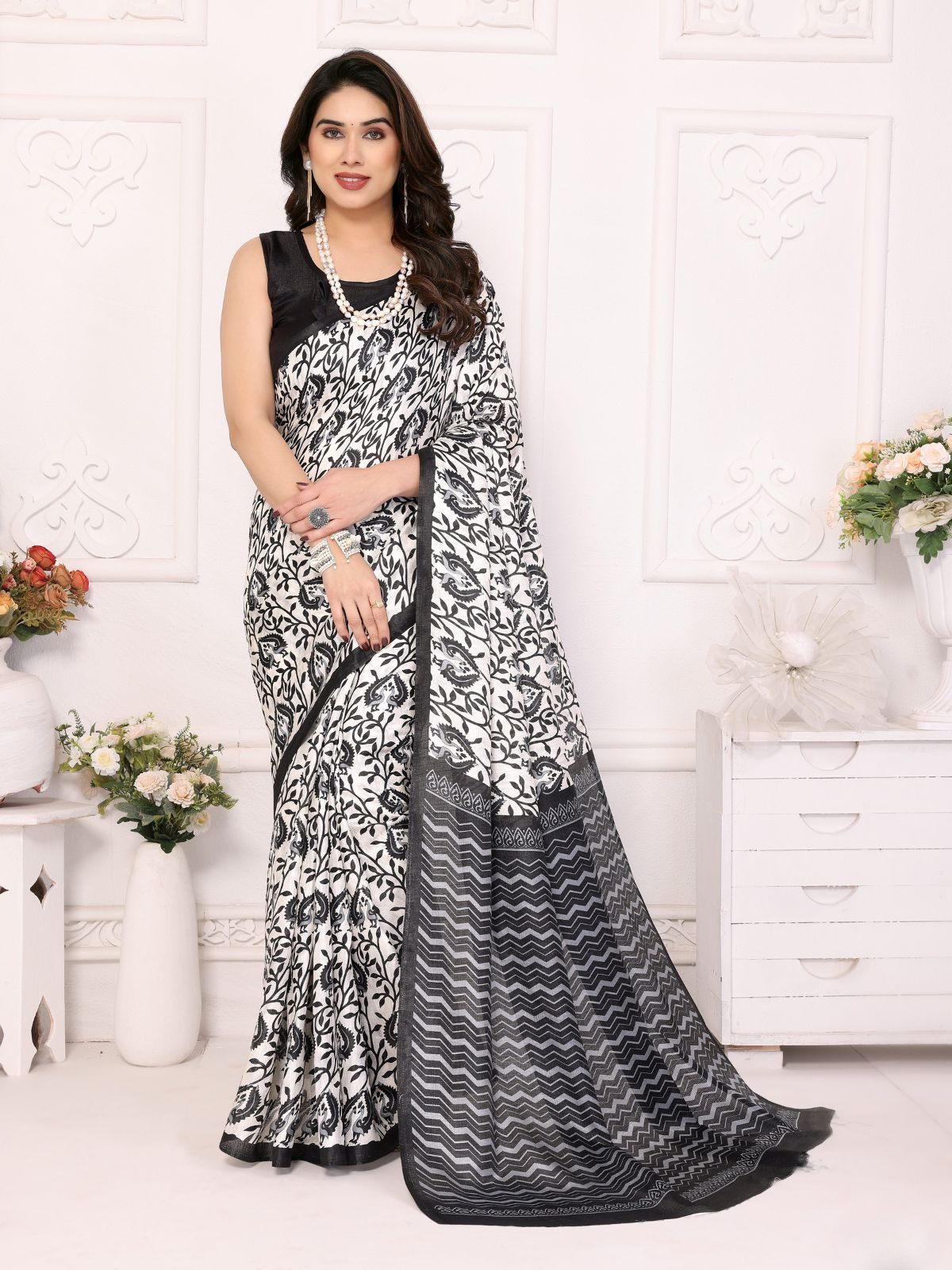 Odette White Khadi Printed Saree With Unstitched Blouse For Women