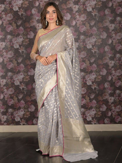 Odette Grey Woven Silk Blend Saree With Unstitched Blouse For Women