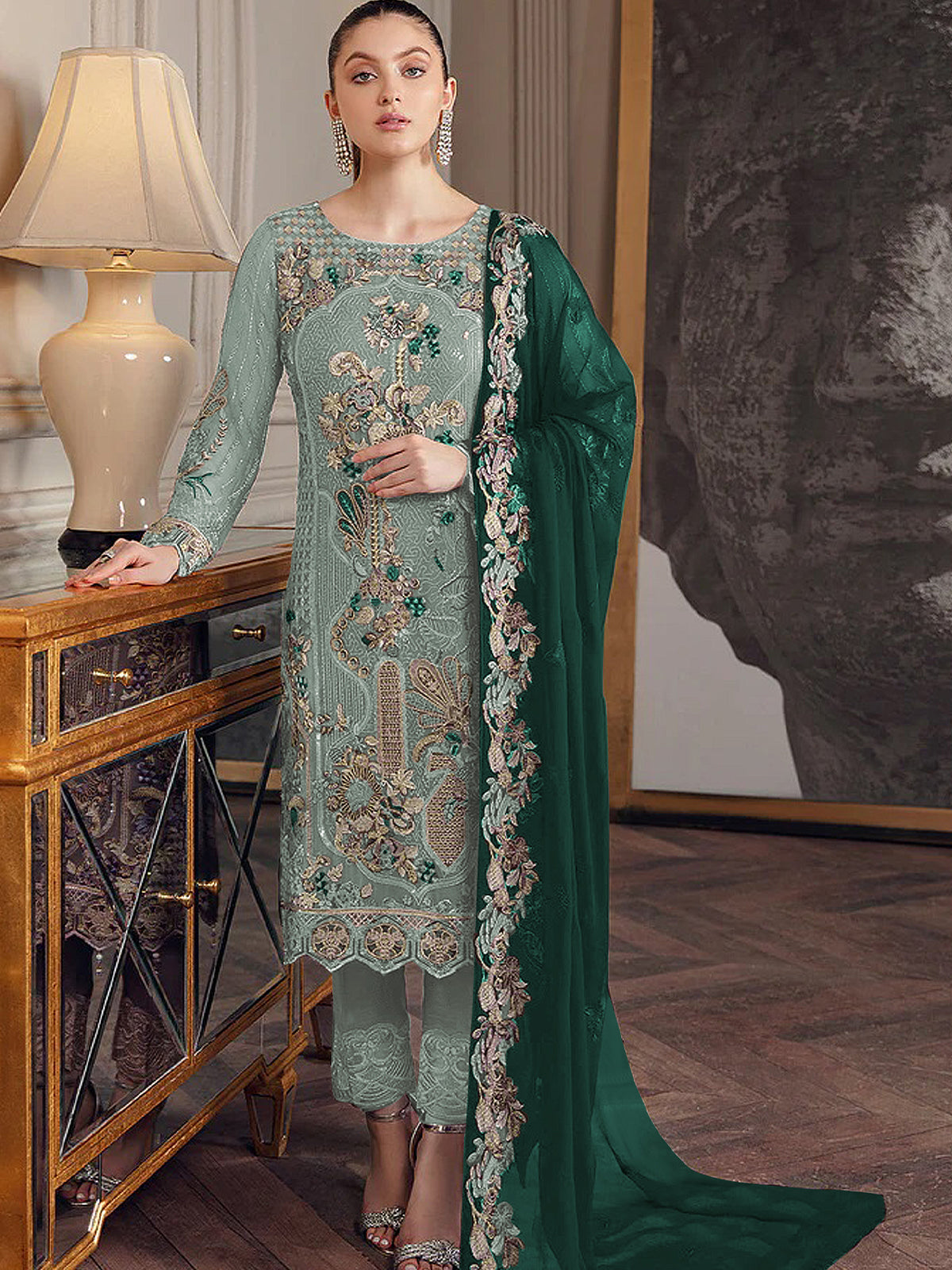 Odette Women Sea Green Embroidered Georgette Semi Stitched Salwar Suit Odette Women Sea Green Embroidered Georgette Semi Stitched Salwar Suit