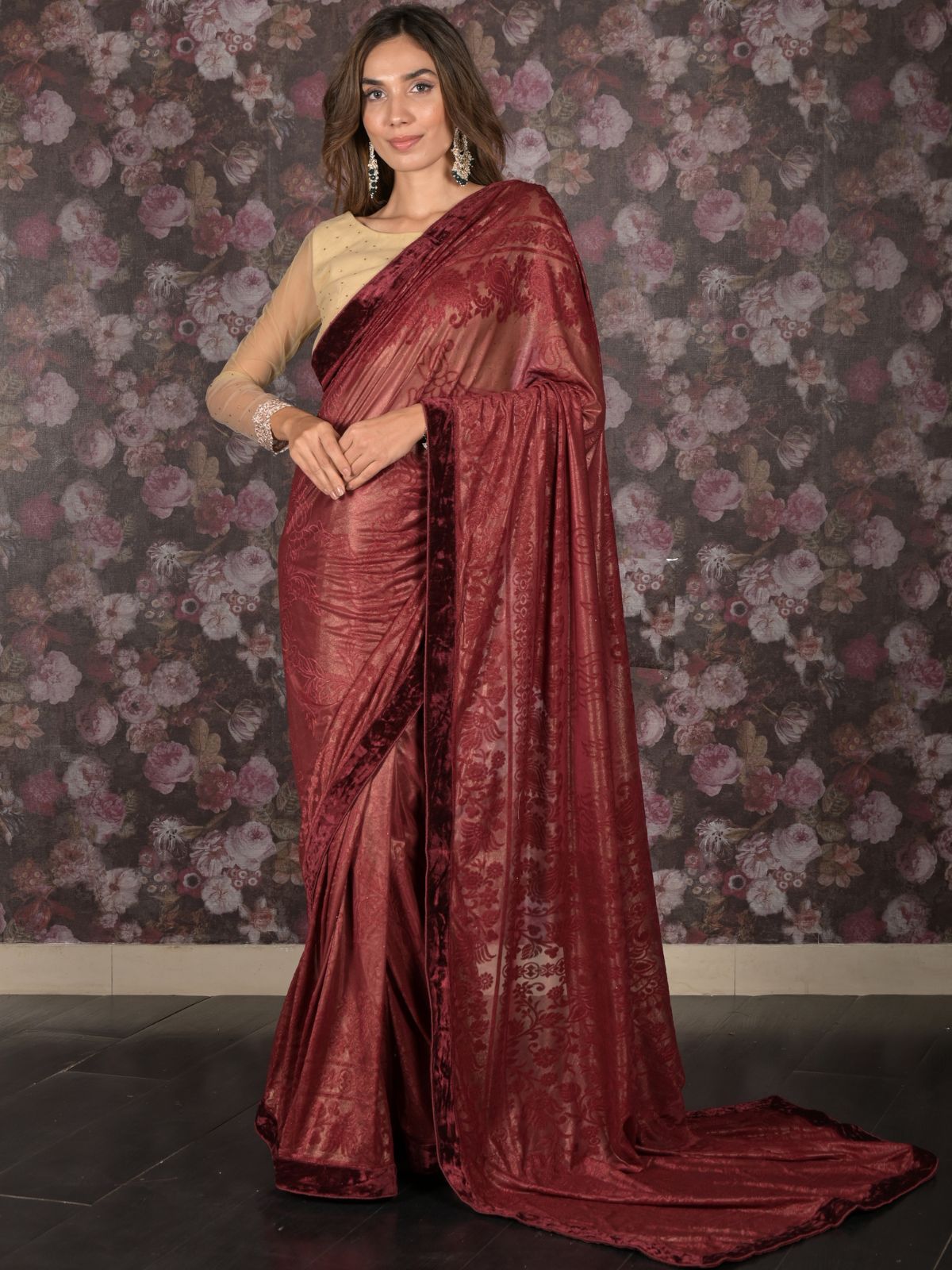 Odette Maroon Jacquard Lycra Woven Saree with Unstitched Blouse for Women