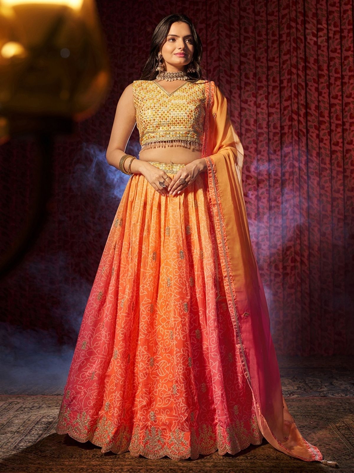 Odette Orange Organza Embroidered Semi-Stitched Lehenga For Women