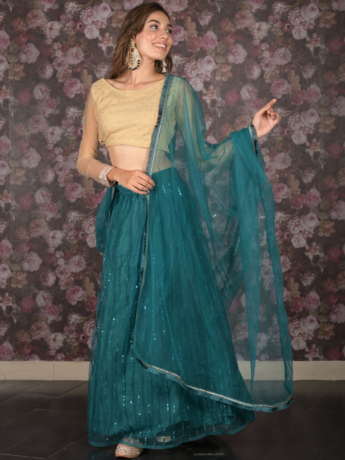 Odette Teal Sequins Embroidered Net Semi-Stitched Lehenga with Unstitched Blouse for Women