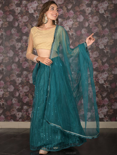 Odette Teal Sequins Embroidered Net Semi-Stitched Lehenga with Unstitched Blouse for Women