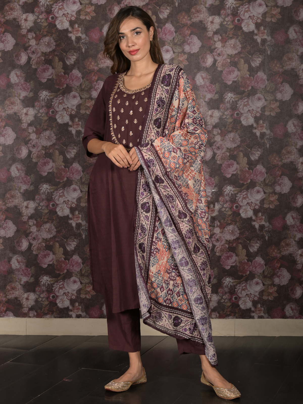 Odette Dark Purple Embroidered Cotton Blend Stitched Kurta Set for Women