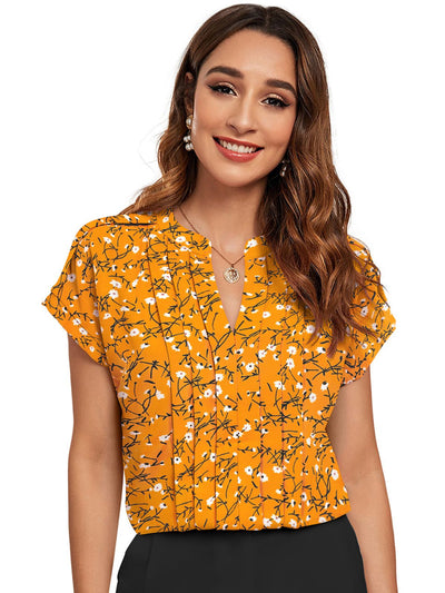 Odette Yellow Cotton Blend Printed Top For Women