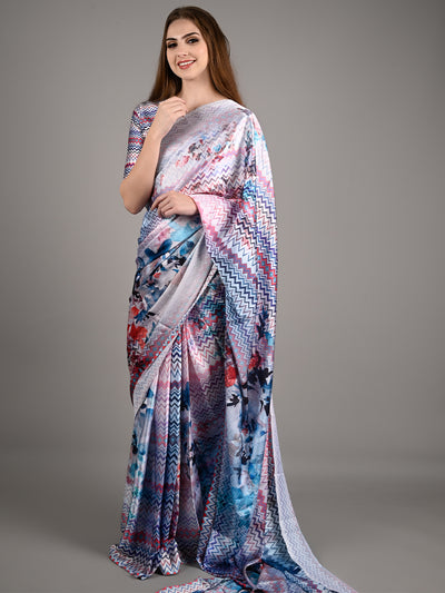 White Silk Blend Digital Floral Print Saree With Unstitched Blouse