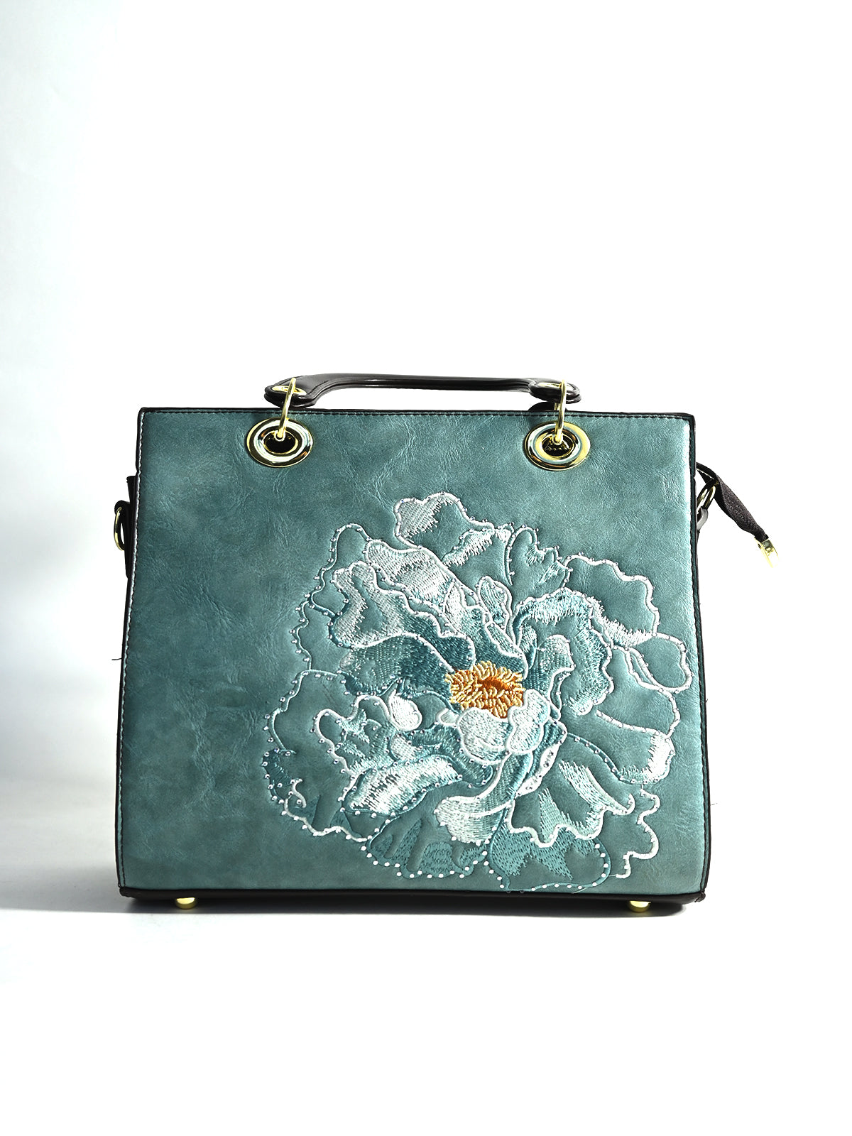 Odette Teal PU Embroidered Hand Bag For Women