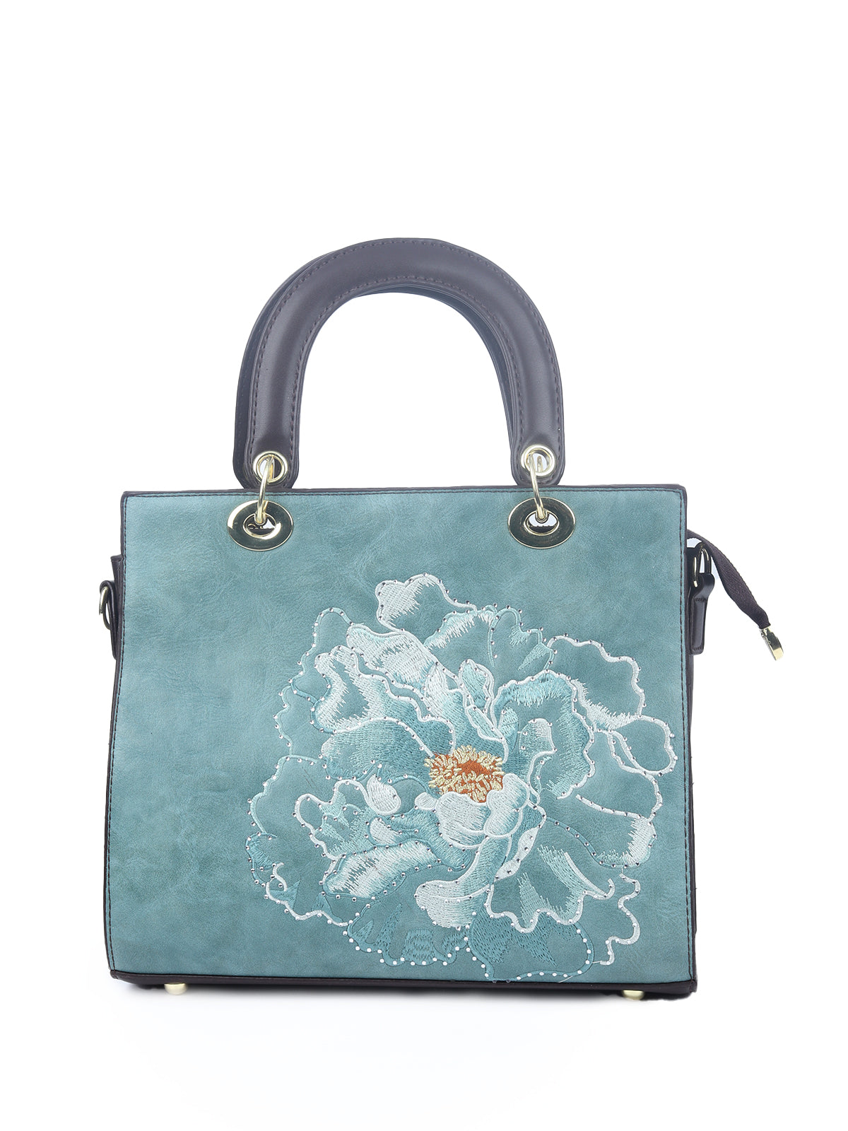 Odette Teal PU Embroidered Hand Bag For Women