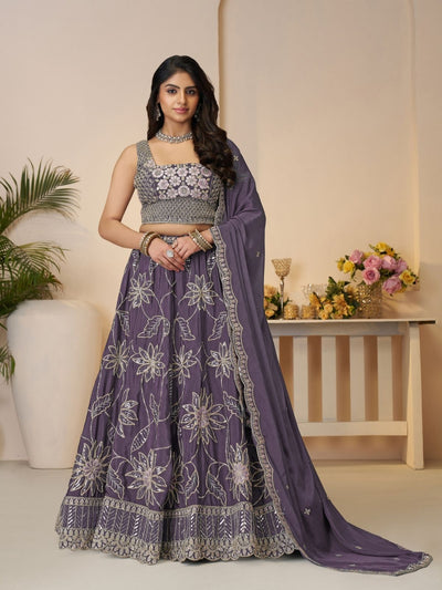 Odette Purple Silk Blend Embroidered Semi-Stitched Lehenga For Women