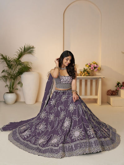Odette Purple Silk Blend Embroidered Semi-Stitched Lehenga For Women