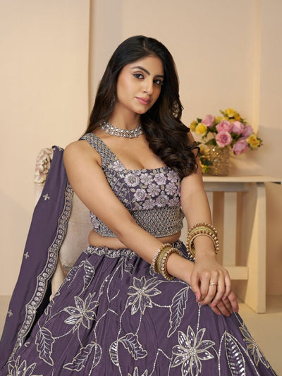Odette Purple Silk Blend Embroidered Semi-Stitched Lehenga For Women