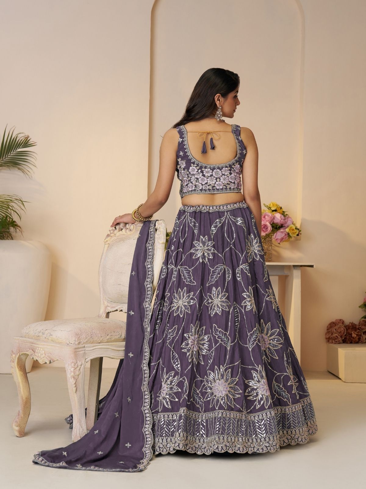 Odette Purple Silk Blend Embroidered Semi-Stitched Lehenga For Women
