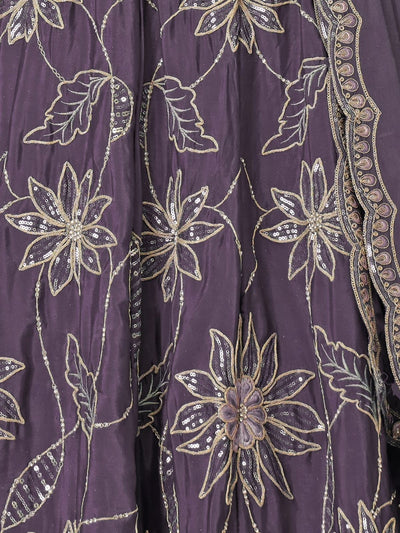 Odette Purple Silk Blend Embroidered Semi-Stitched Lehenga For Women