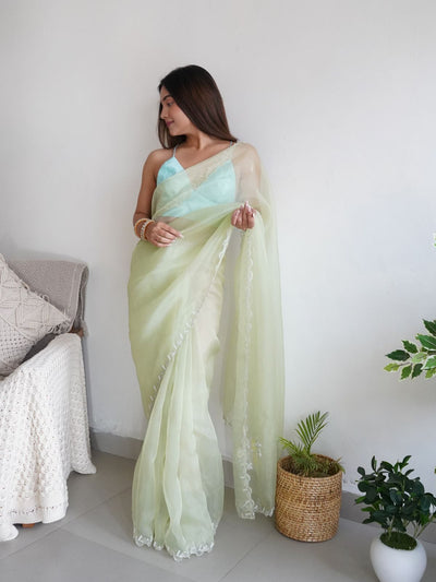 Odette Light Green Organza Embroidered Saree With Unstitched Blouse For Women