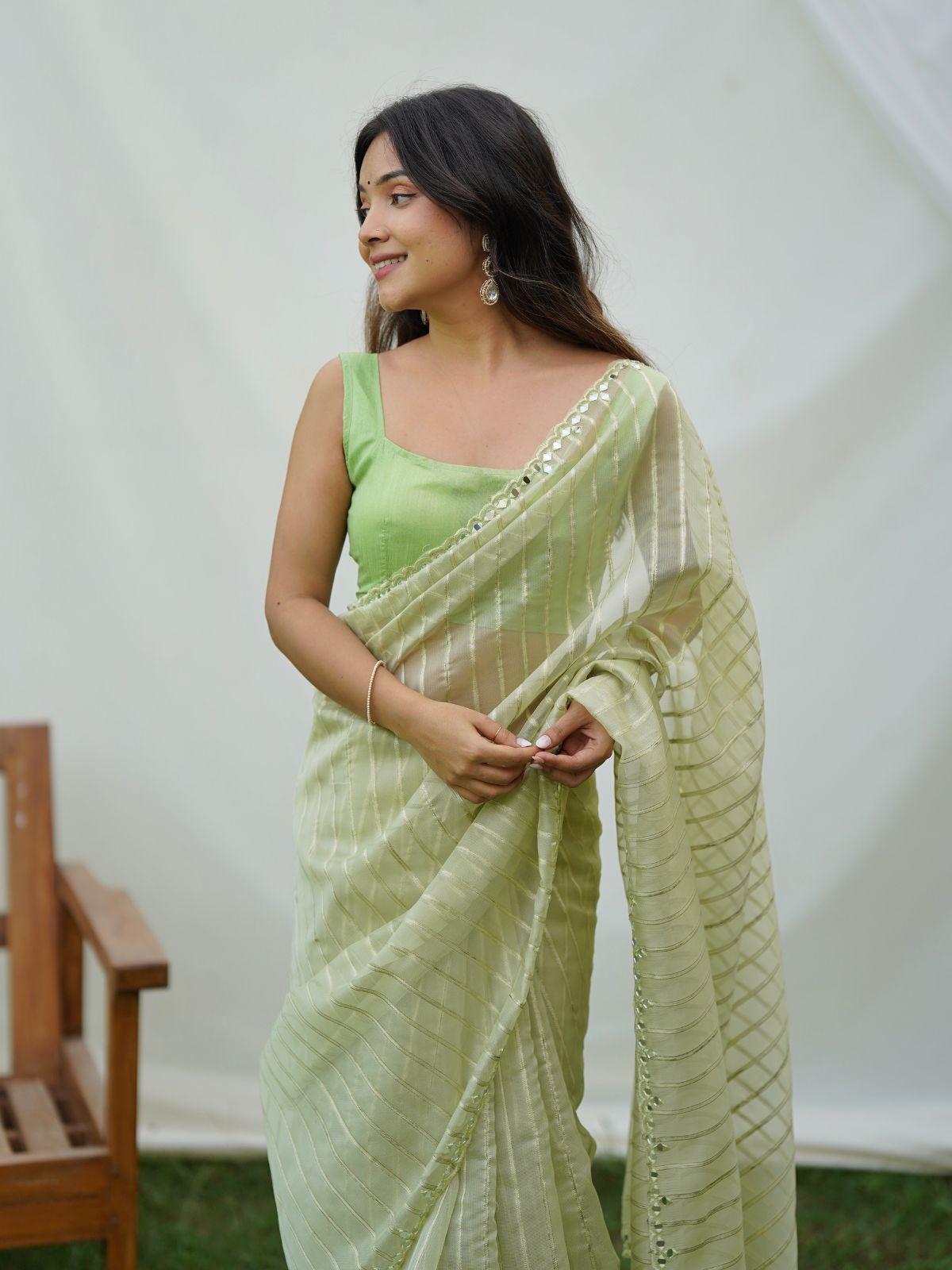 Odette Light Green Organza Mirror Work Saree With Unstitched Blouse For Women