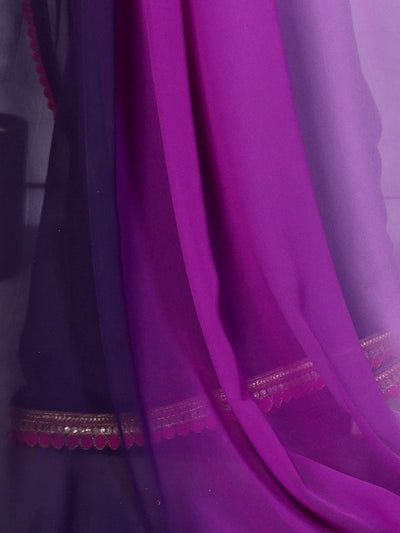 Odette Purple And Blue Georgette Lace Work Saree With Unstitched Blouse For Women