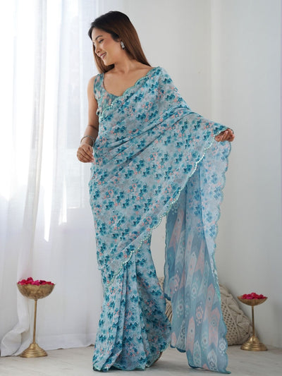 Odette Blue Chinon Printed Saree With Unstitched Blouse For Women